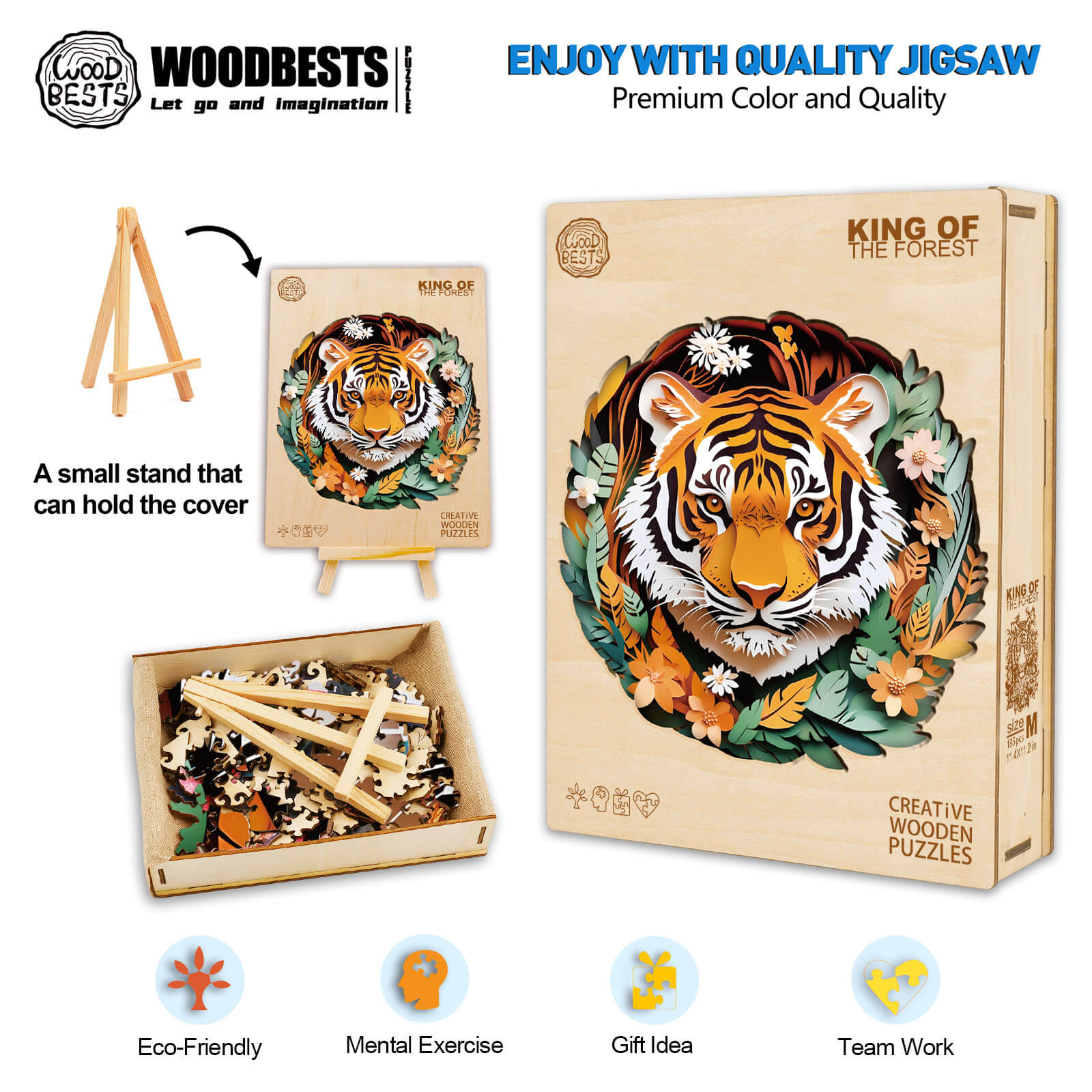 3D King of the Forest wooden jigsaw puzzle kit with colorful tiger design, eco-friendly materials, and mental exercise benefits.