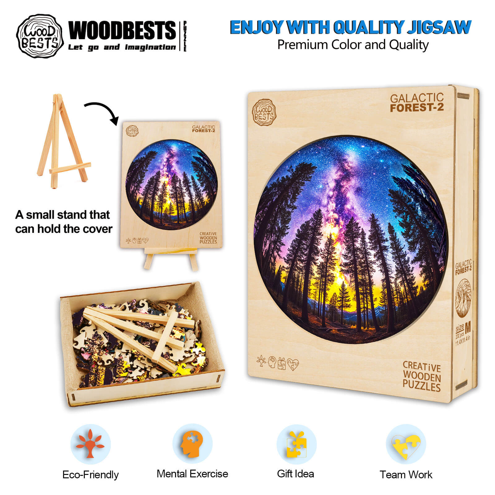 Galactic Forest-2 wooden jigsaw puzzle with eco-friendly design, promoting mental exercise and teamwork.