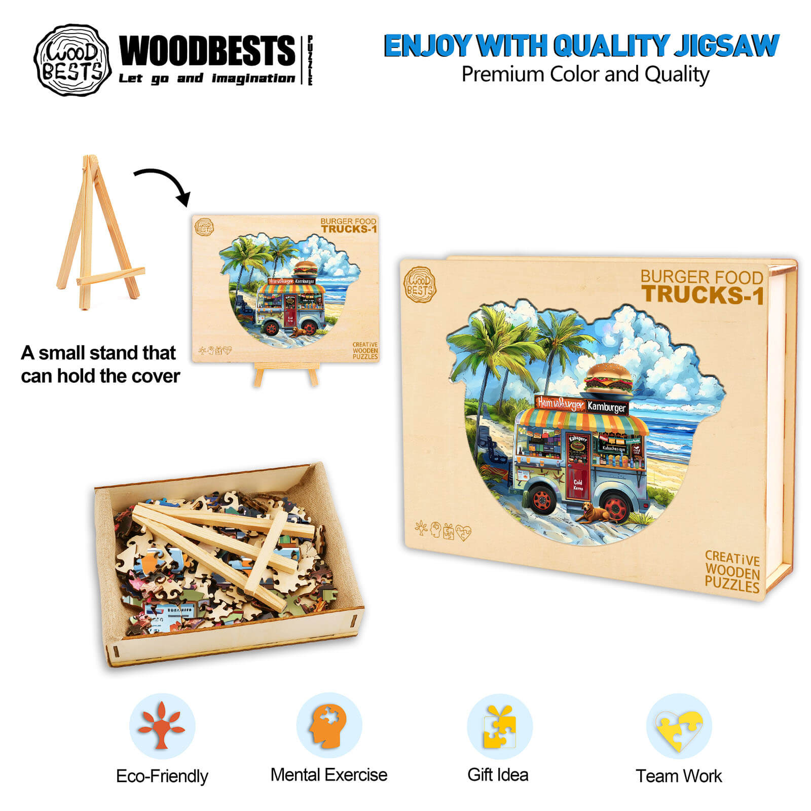 Burger Food Trucks-1 wooden jigsaw puzzle, eco-friendly, mental exercise, perfect gift idea for teamwork.