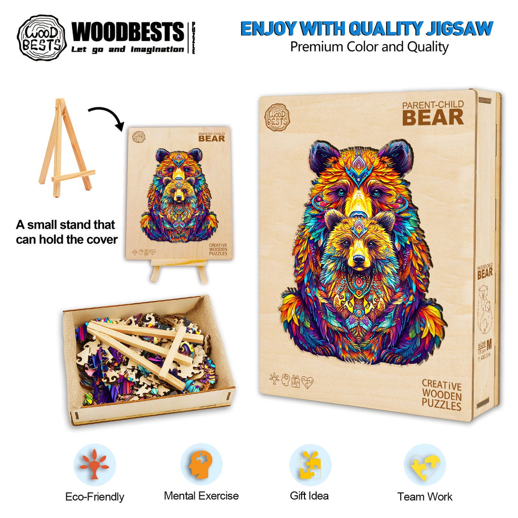 Parent-child bear wooden jigsaw puzzle set with vibrant colors, promoting focus and mental exercise, eco-friendly toy.
