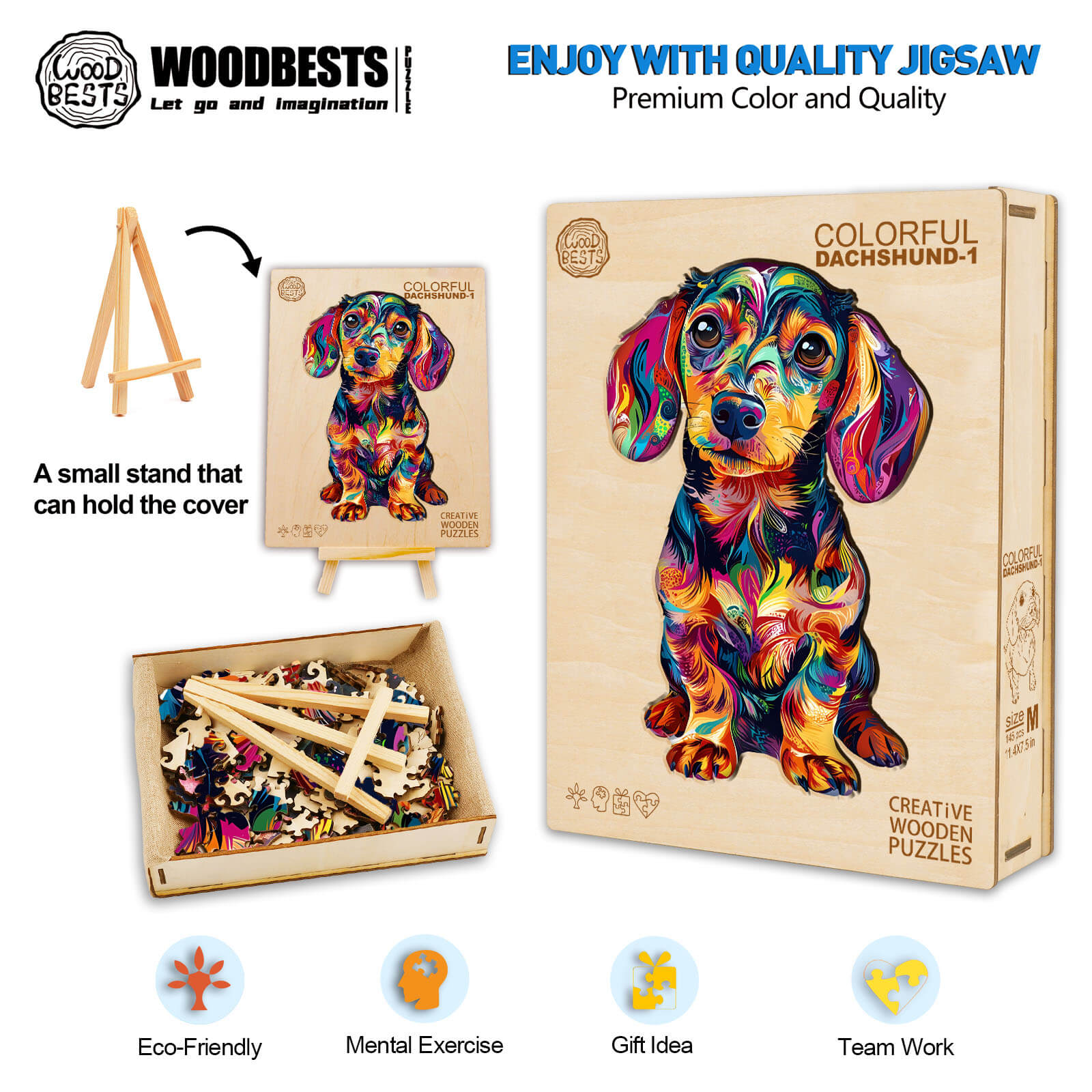 Colorful Dachshund-1 wooden jigsaw puzzle box with pieces, eco-friendly, perfect for mental exercise and teamwork.