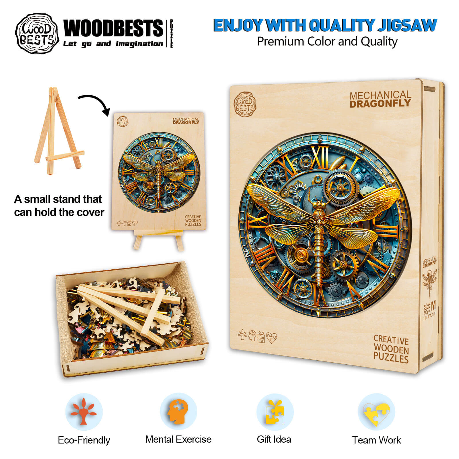 Mechanical Dragonfly wooden jigsaw puzzle with colorful pieces, stand, and eco-friendly design for mental exercise.