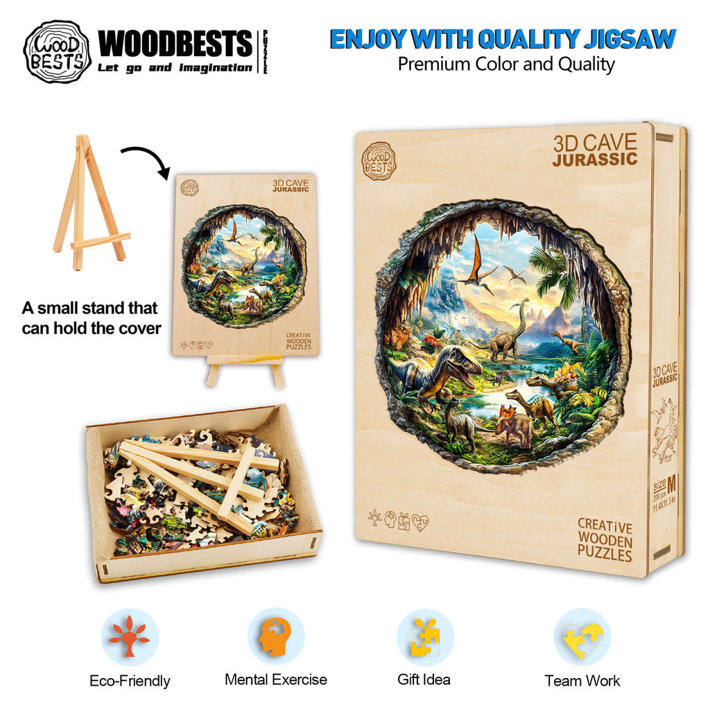 3D Cave Jurassic wooden jigsaw puzzle with box and pieces, promoting focus and creativity in a fun, eco-friendly design.