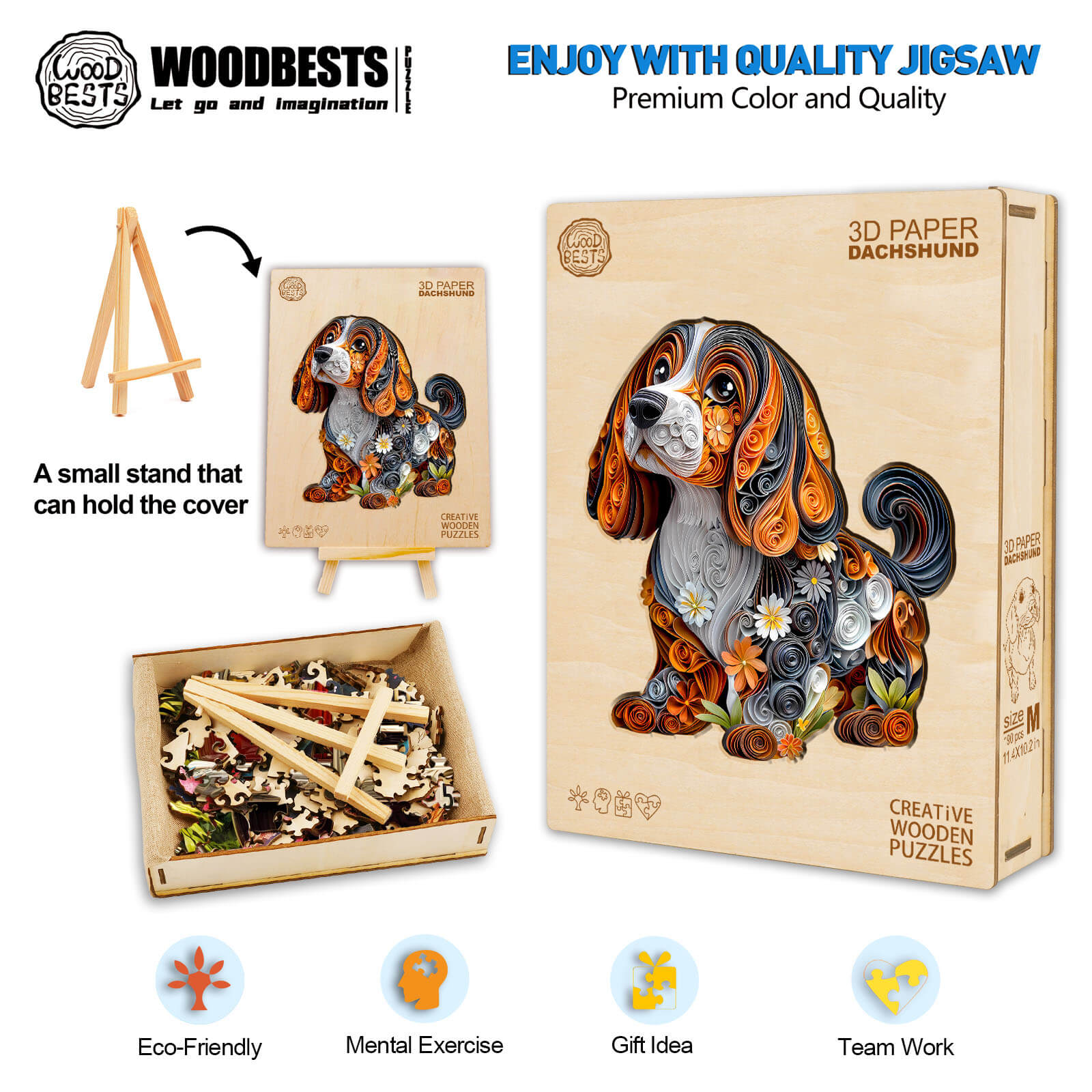 3D paper dachshund wooden jigsaw puzzle with eco-friendly materials, great for mental exercise and teamwork, displayed with packaging.