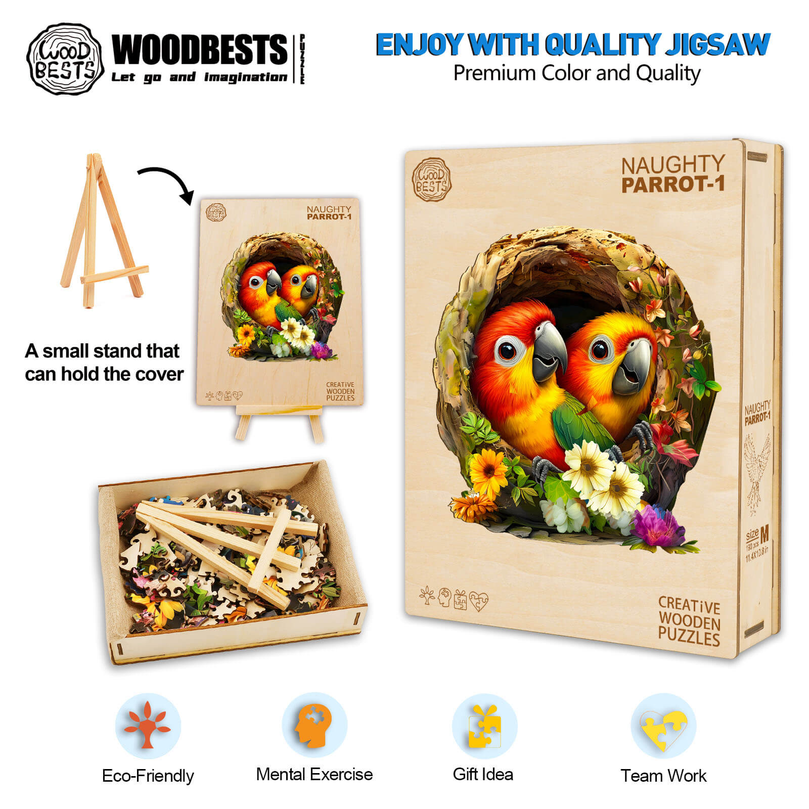 Naughty Parrot-1 wooden jigsaw puzzle with vibrant parrots, promoting mental exercise and teamwork, eco-friendly design.