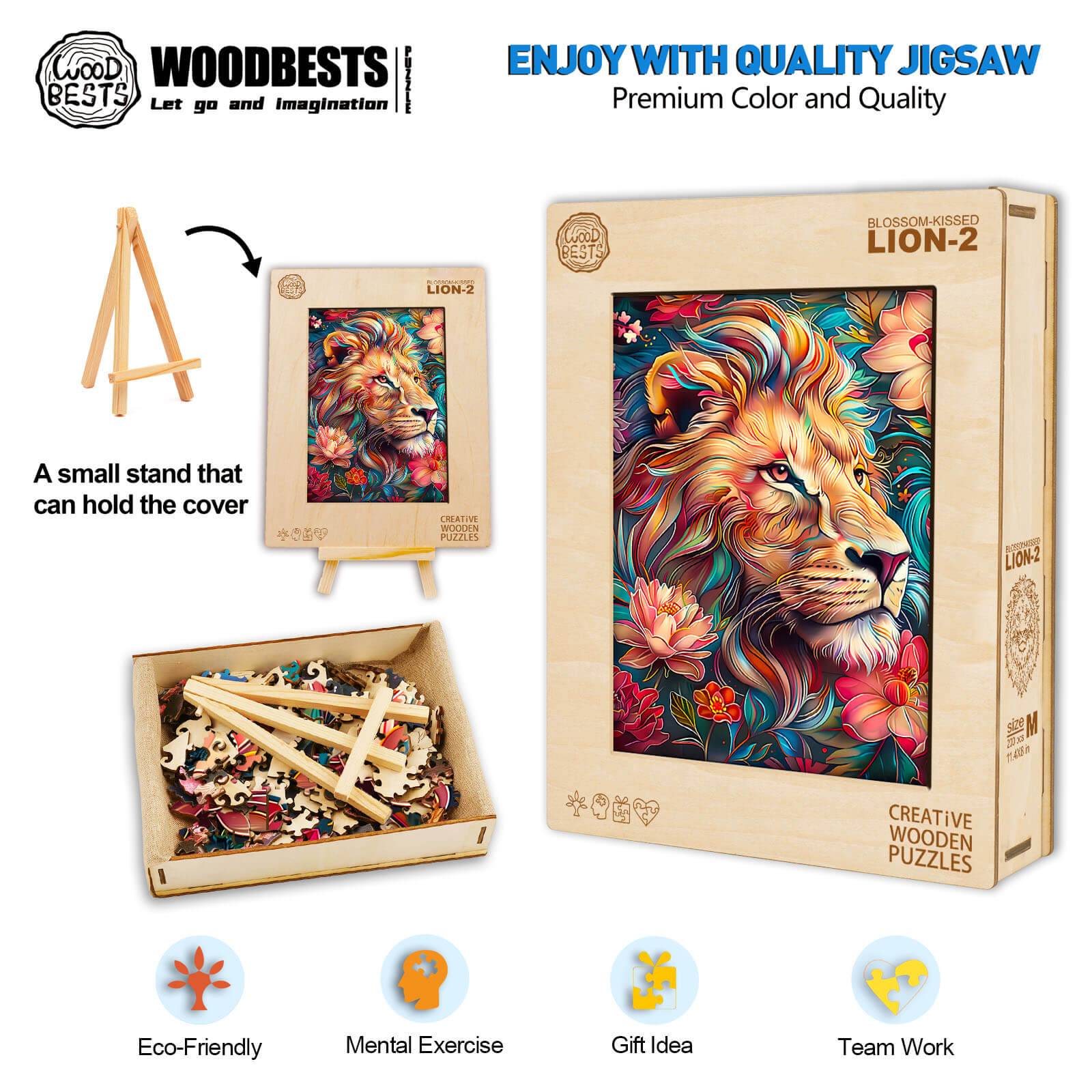 Blossom-Kissed Lion-2 wooden jigsaw puzzle for mental exercise and teamwork, featuring vibrant colors and eco-friendly materials.