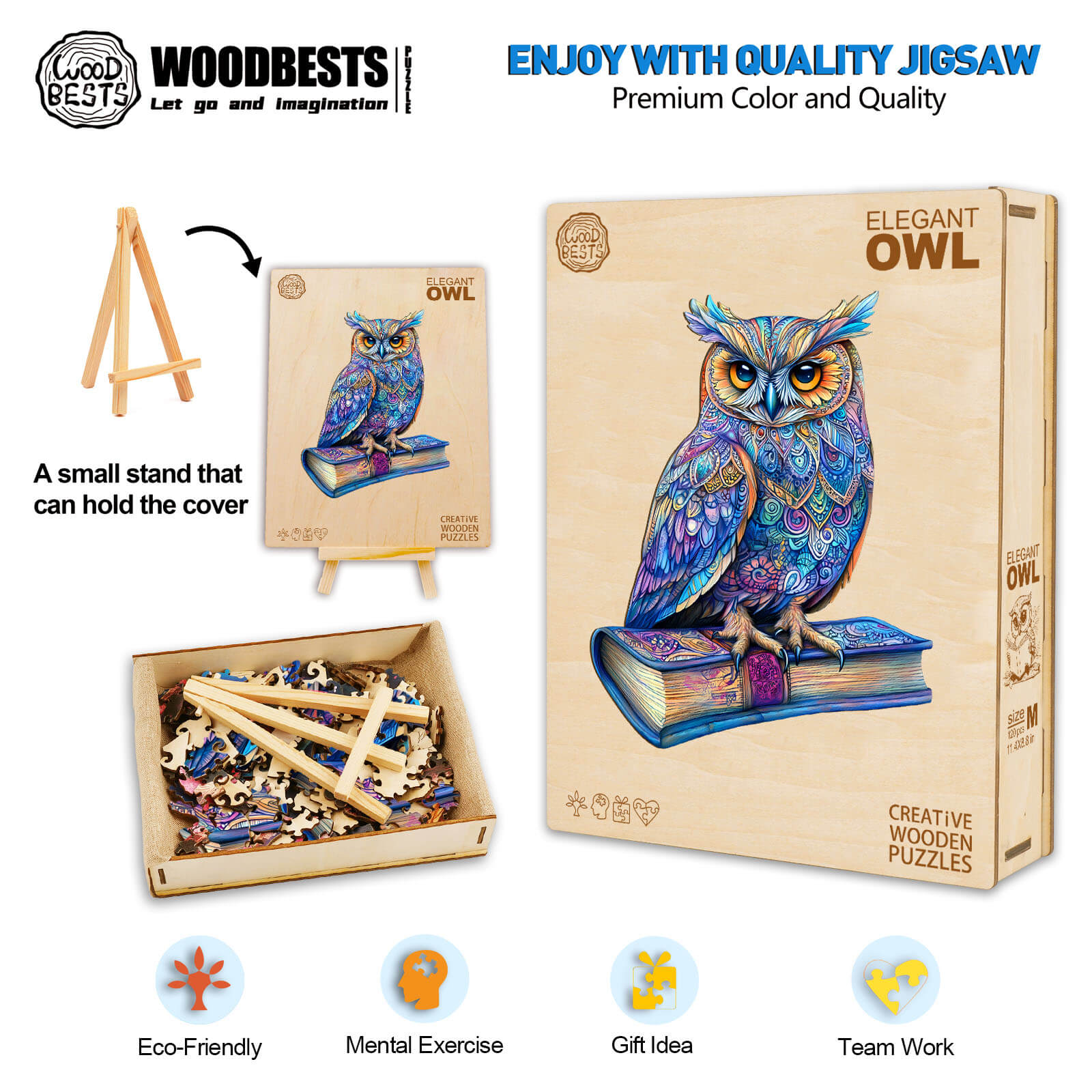 Elegant Owl wooden jigsaw puzzle featuring colorful design, eco-friendly materials, perfect for mental exercise and teamwork.