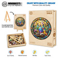 Mystic Vials wooden jigsaw puzzle with colorful stained glass design, promoting mental exercise and teamwork.