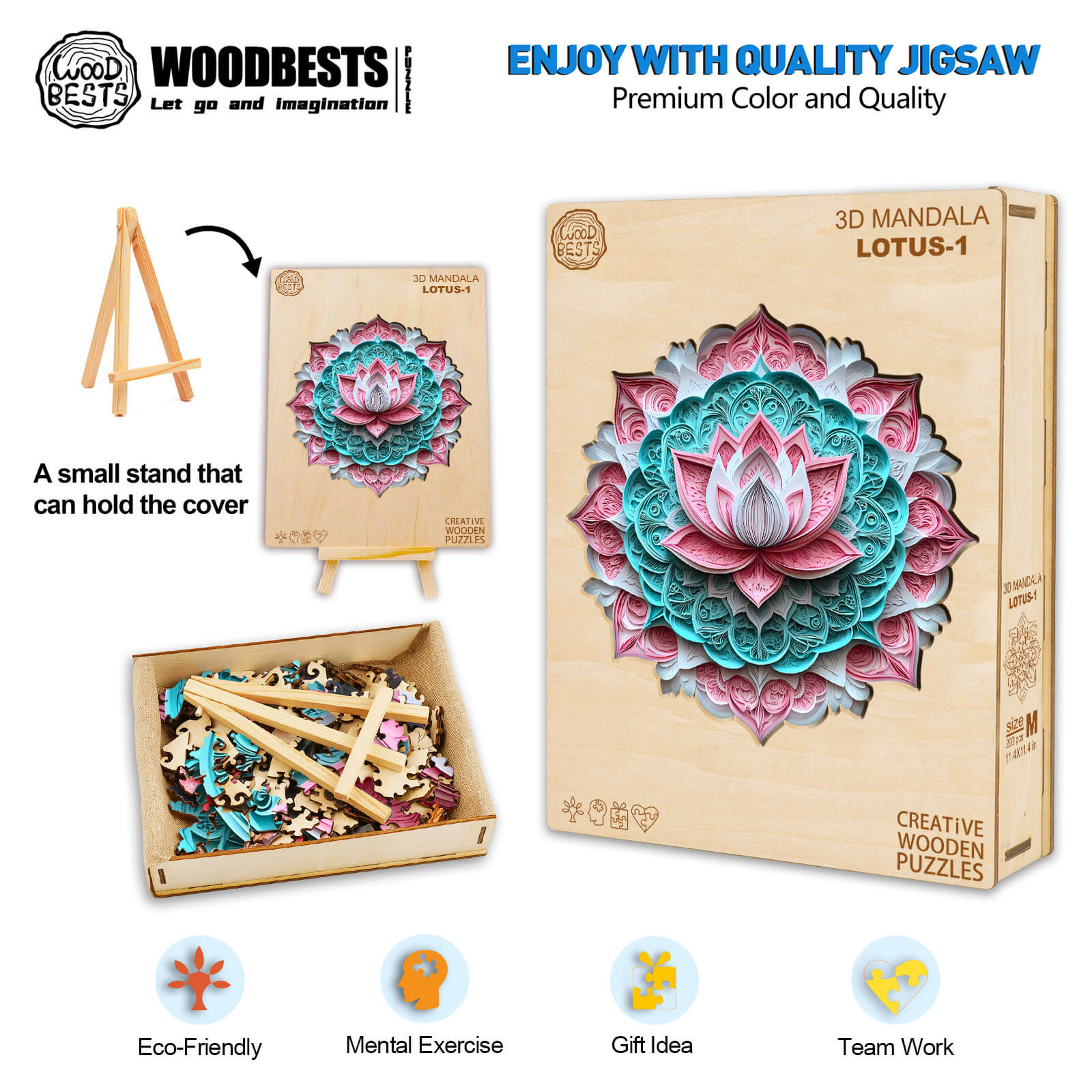 3D Mandala Lotus-1 wooden jigsaw puzzle with colorful pieces, eco-friendly design, perfect for mental exercise and team work.
