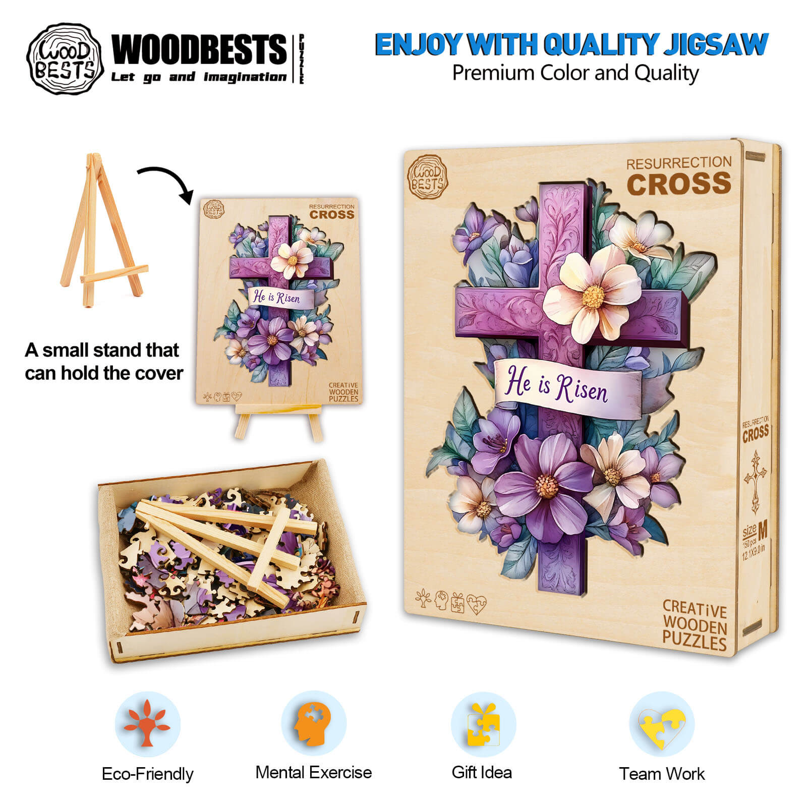 Resurrection Cross Wooden Jigsaw Puzzle featuring vibrant flowers and a stand, perfect for mental exercise and gifts.