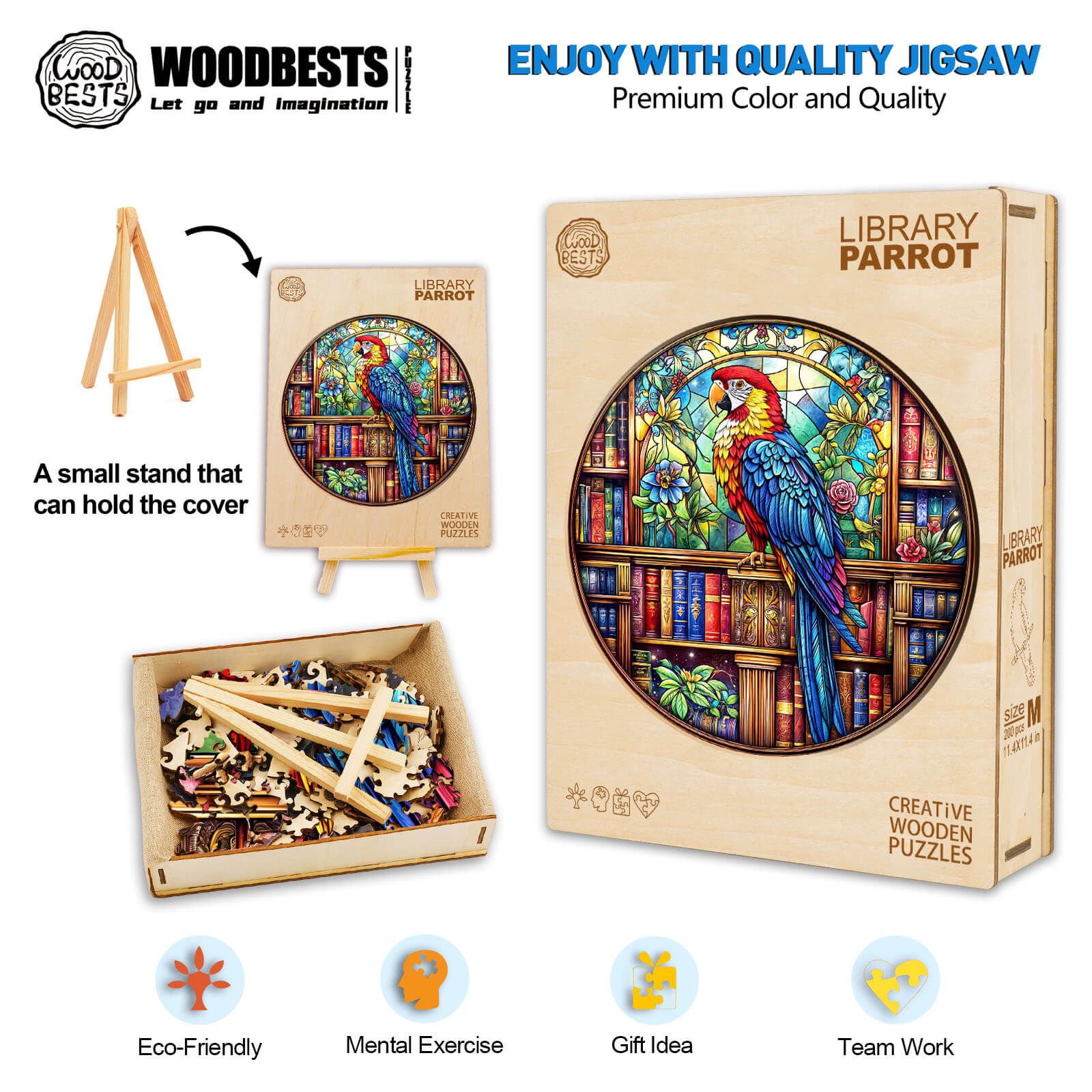 Library Parrot wooden jigsaw puzzle with vibrant colors, eco-friendly pieces for focused, mental exercise and teamwork.