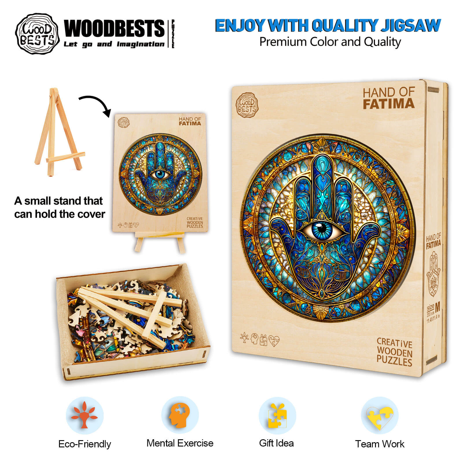 Hand of Fatima wooden jigsaw puzzle with vibrant design, eco-friendly packaging, offering mental exercise and teamwork.