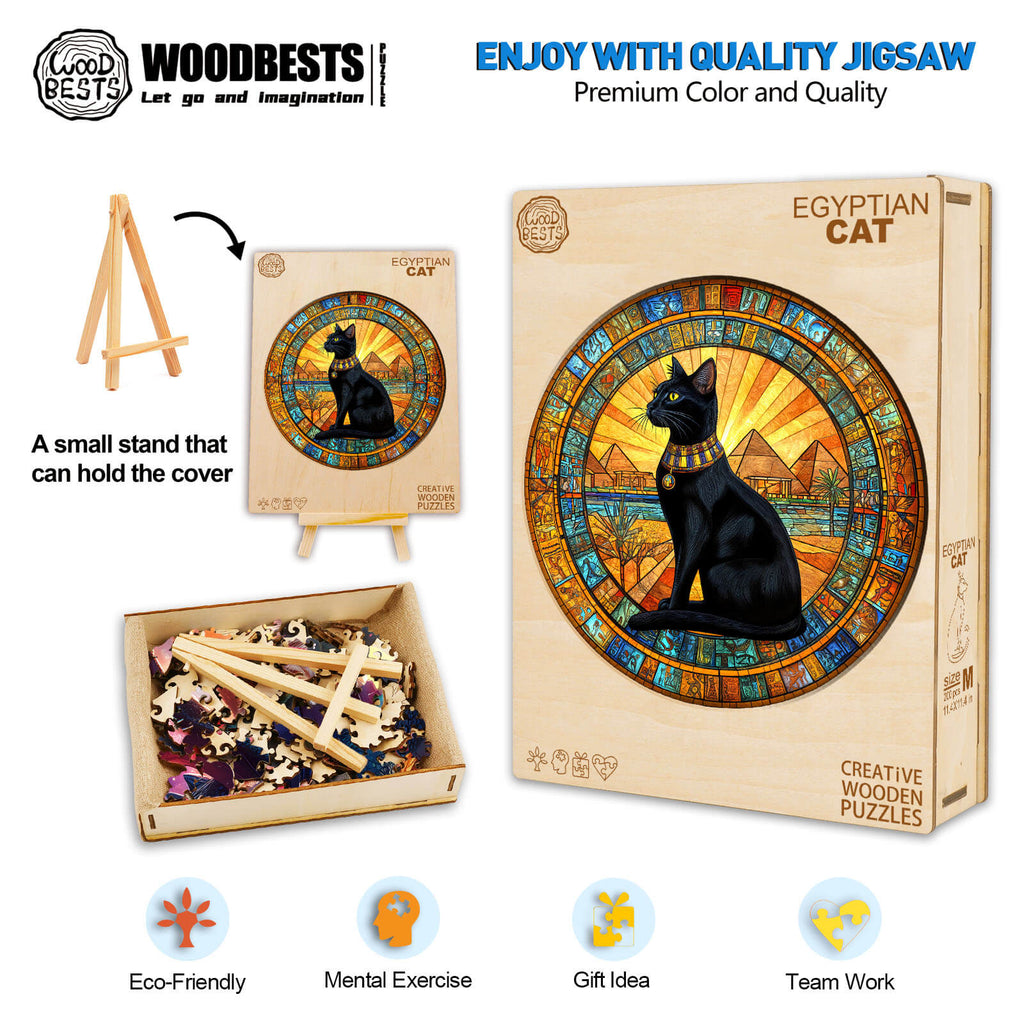 Egyptian Cat Wooden Jigsaw Puzzle featuring vibrant colors, eco-friendly materials, and a mental exercise design for smart fun.