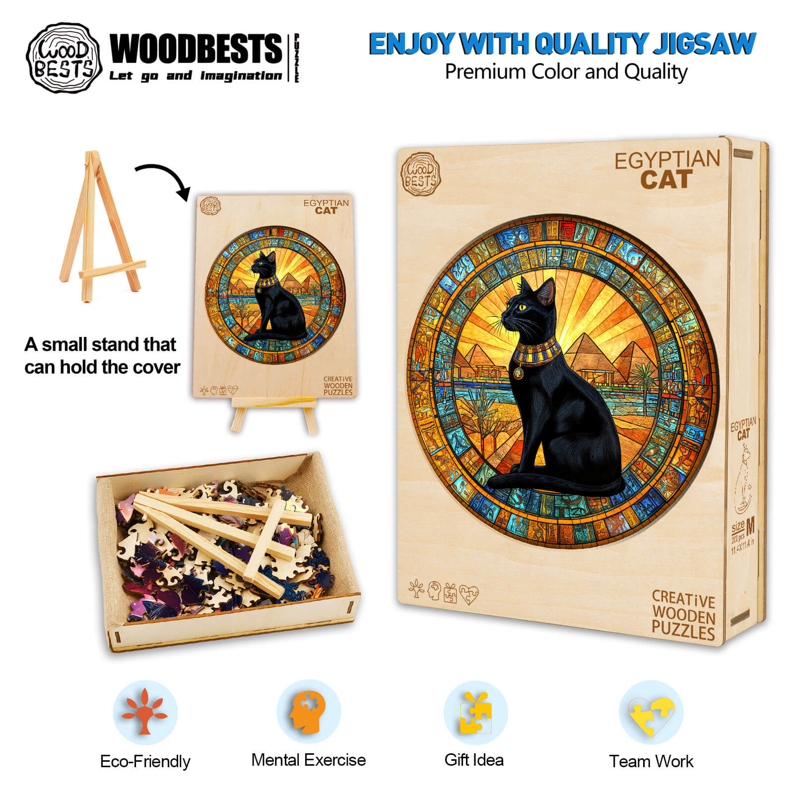 Egyptian Cat Wooden Jigsaw Puzzle featuring vibrant colors, eco-friendly materials, and a mental exercise design for smart fun.