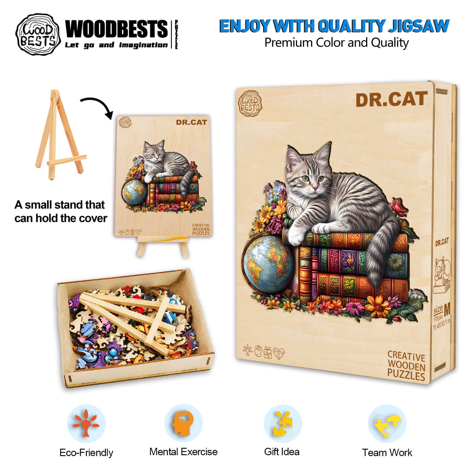 Dr. Cat wooden jigsaw puzzle with a cat on a globe, promoting mental exercise and teamwork. Eco-friendly and a unique gift idea.