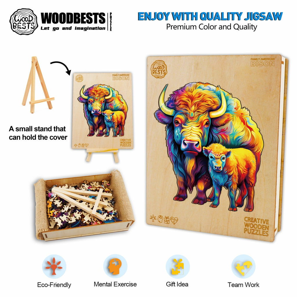 Family American Bison Wooden Jigsaw Puzzle