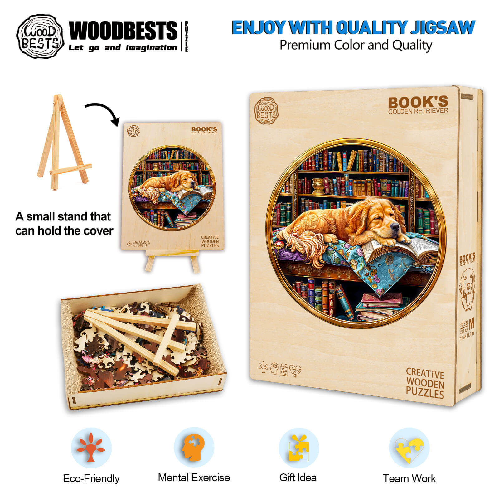 Book's Golden Retriever wooden jigsaw puzzle with colorful pieces and easel display, perfect for creativity and mental exercise.