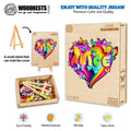 Love Rainbow Custom Name Wooden Jigsaw Puzzle box with vibrant heart design and eco-friendly materials for personalized play.