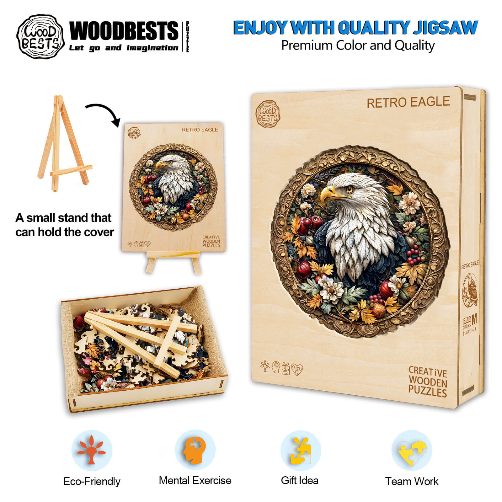 Retro Eagle wooden jigsaw puzzle box with stand, featuring vibrant artwork and eco-friendly design for mental exercise.