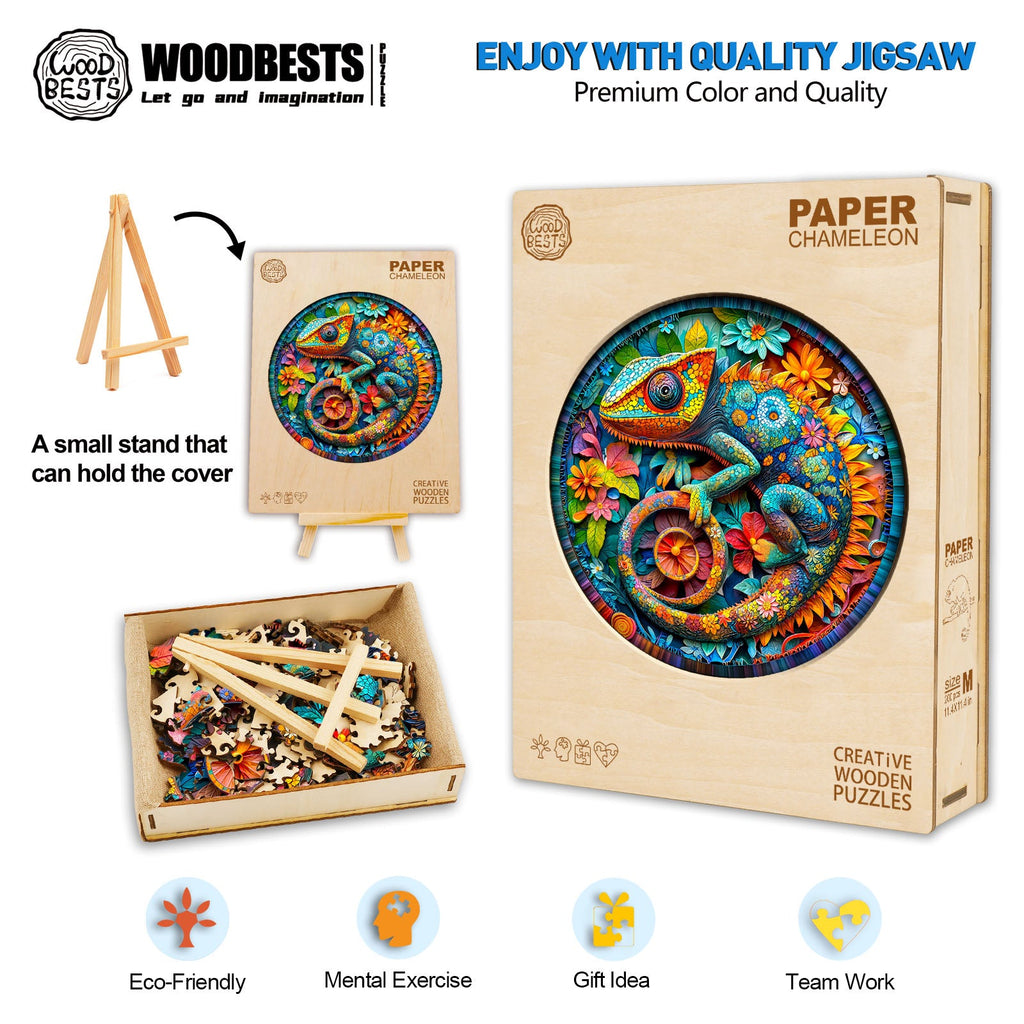 Paper Chameleon wooden jigsaw puzzle with vibrant colors, eco-friendly material, and ideal for mind exercises and teamwork.