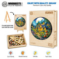SEEK AND FIND FAIRIES wooden jigsaw puzzle box with colorful fairy scene, pieces and stand for mind and teamwork exercises.