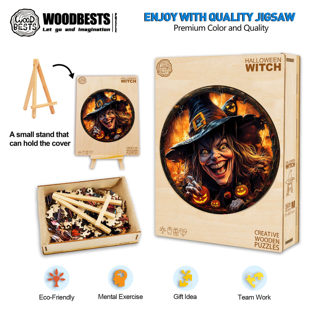 3D Halloween Witch Wooden Jigsaw Puzzle showcasing vibrant colors, ideal for mental exercise and gift ideas.