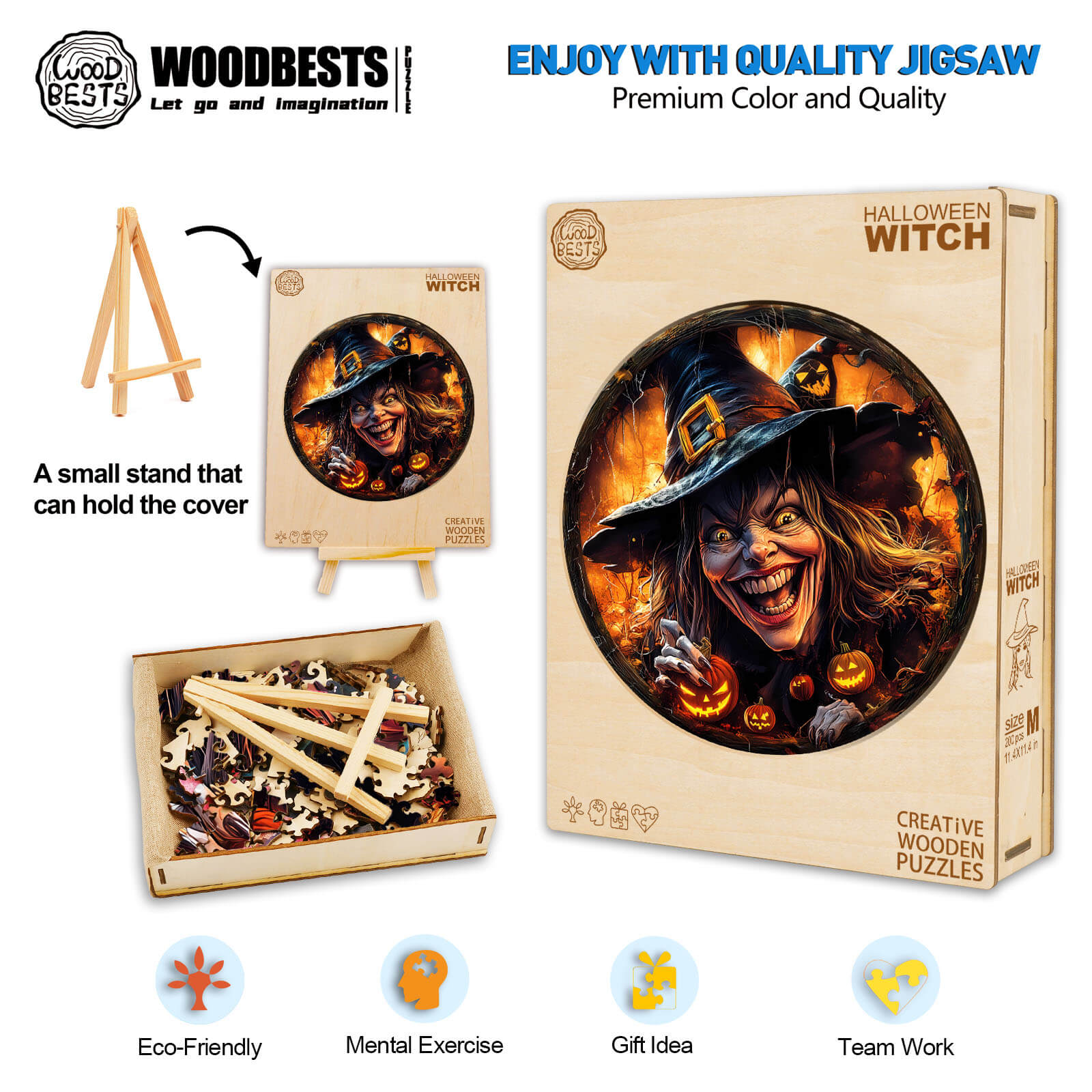 3D Halloween Witch Wooden Jigsaw Puzzle showcasing vibrant colors, ideal for mental exercise and gift ideas.