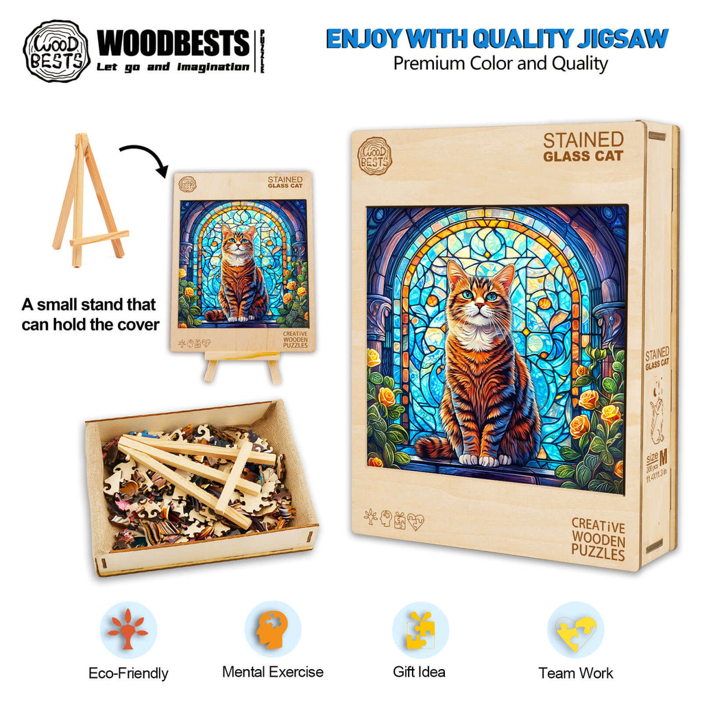 Colorful stained glass cat wooden jigsaw puzzle with pieces, ideal for mental exercise and team activity.