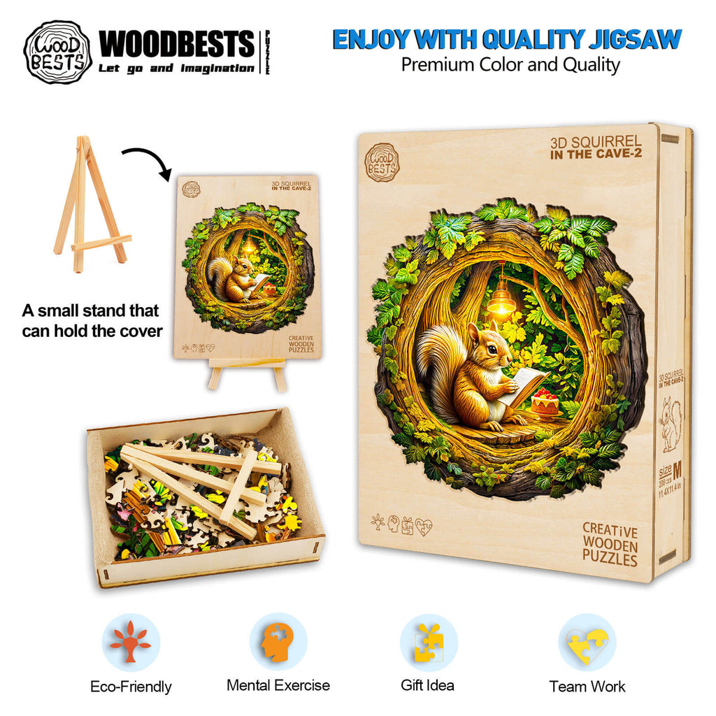 3D Squirrel in The Cave-2 wooden jigsaw puzzle, eco-friendly, promotes mental exercise and teamwork, perfect gift idea.