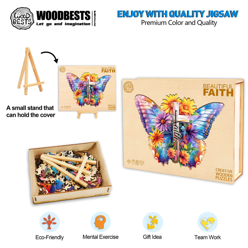 Beautiful Faith wooden jigsaw puzzle featuring a colorful butterfly, ideal for mental exercise and as a gift.