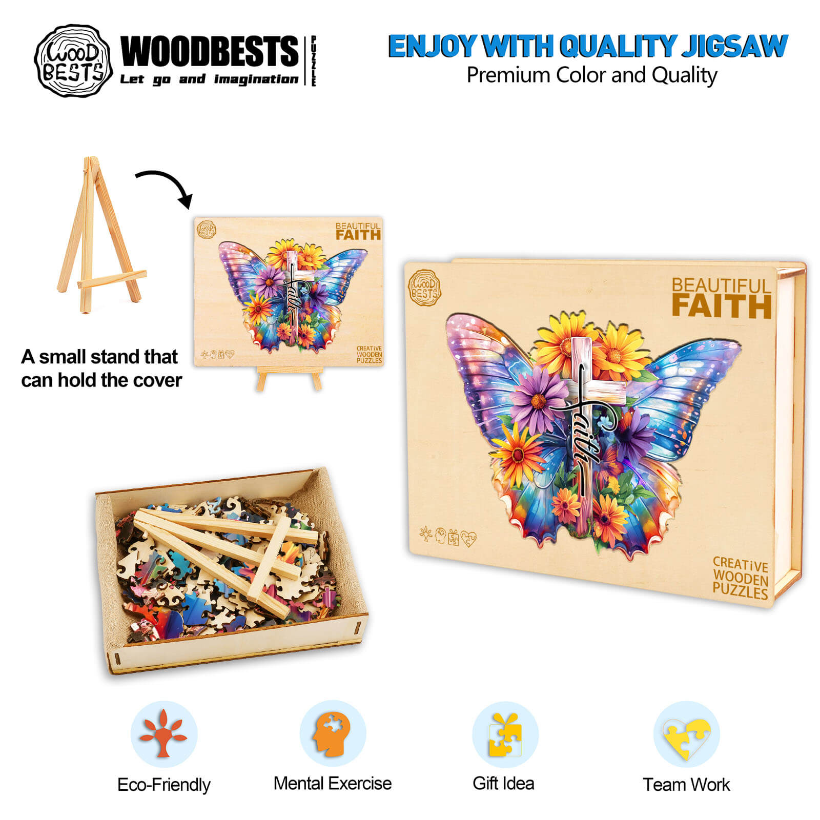 Beautiful Faith wooden jigsaw puzzle featuring a colorful butterfly, ideal for mental exercise and as a gift.