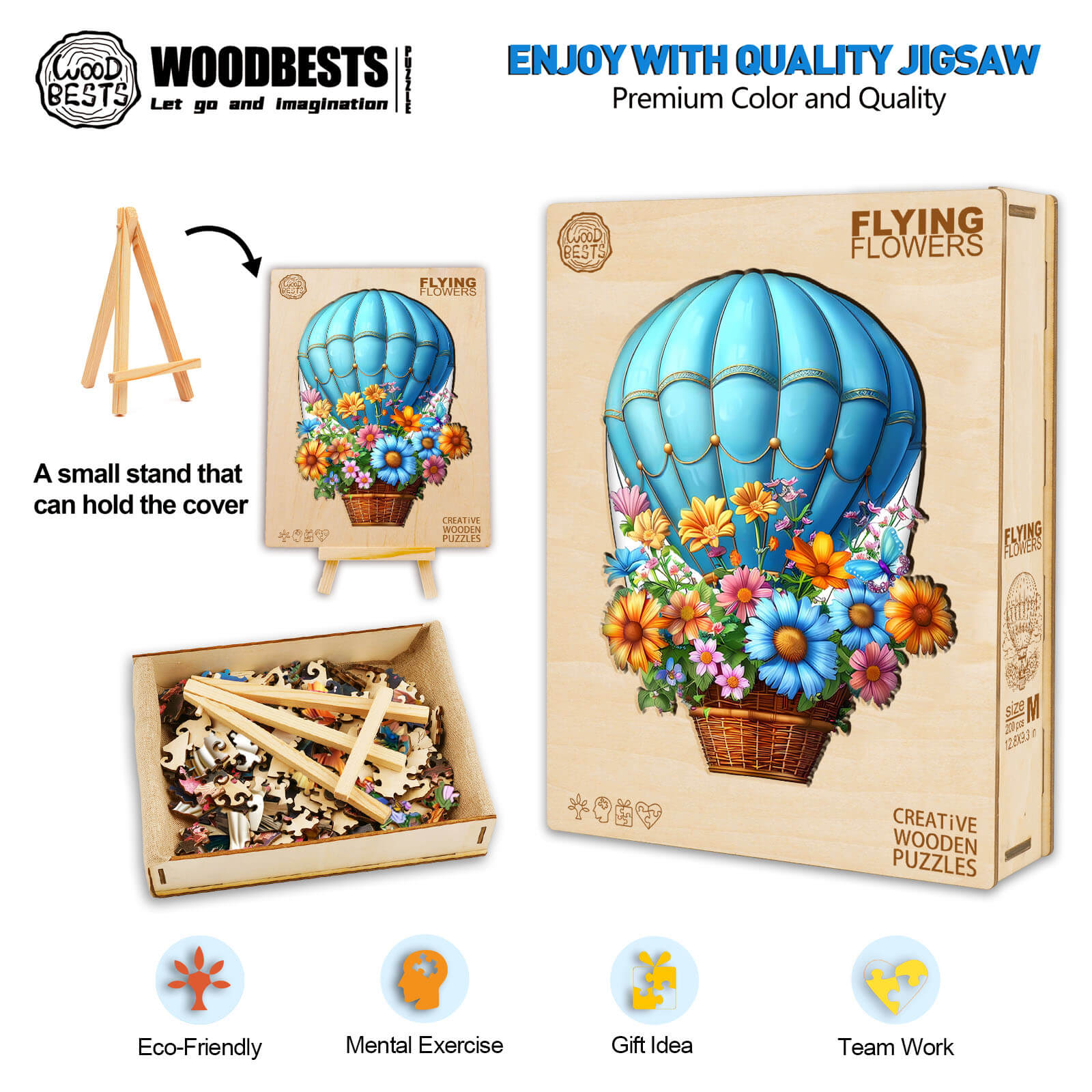 Flying Flowers Wooden Jigsaw Puzzle with colorful floral design and stand, promoting mental exercise and teamwork.