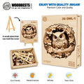 3D Owl-1 wooden jigsaw puzzle displayed with pieces and stand, promoting mental exercise and teamwork.