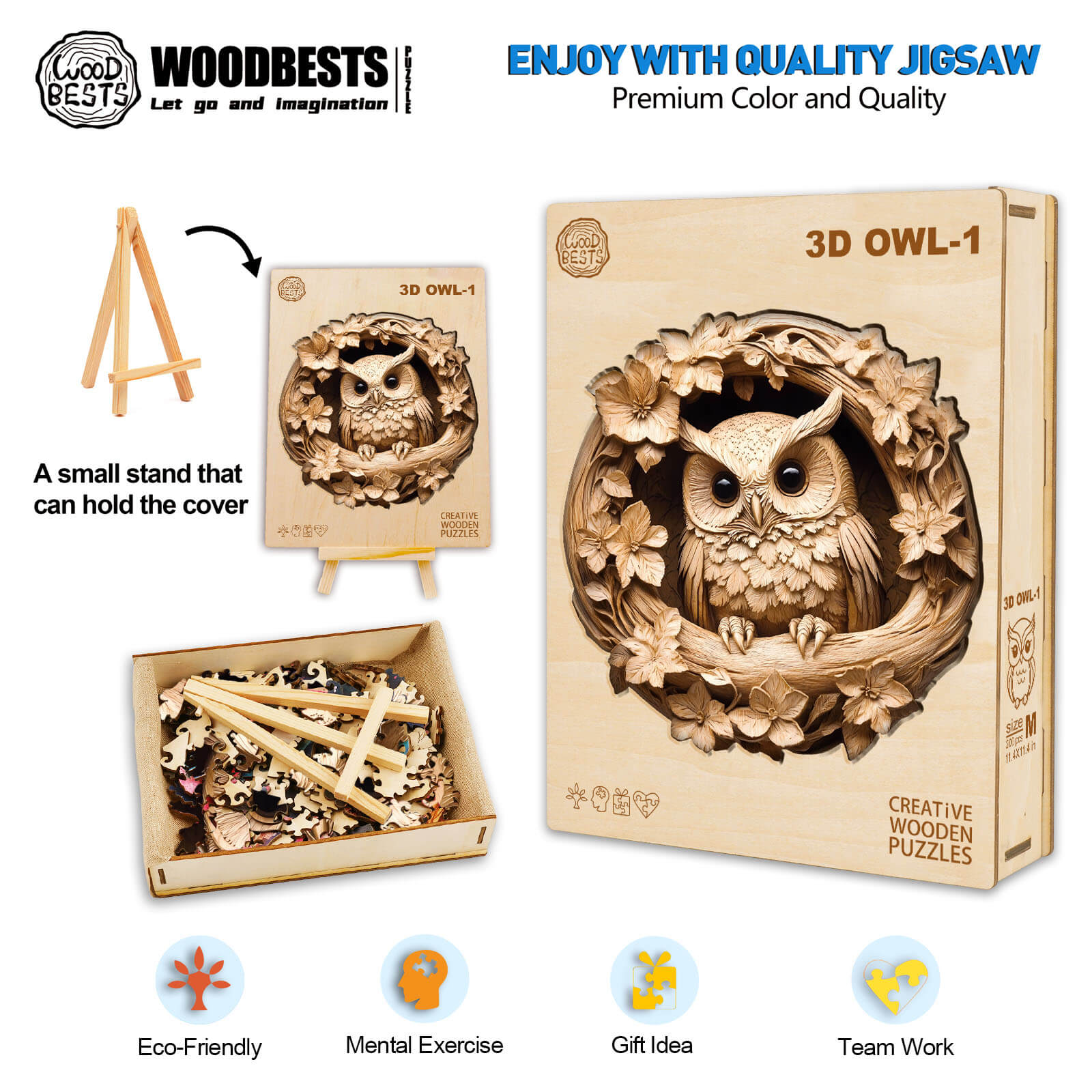 3D Owl-1 wooden jigsaw puzzle displayed with pieces and stand, promoting mental exercise and teamwork.