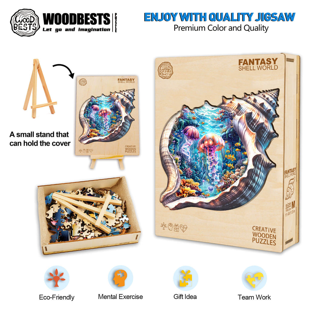 Fantasy Shell World Wooden Jigsaw Puzzle displaying vibrant colors and eco-friendly pieces for mental exercise and creativity.