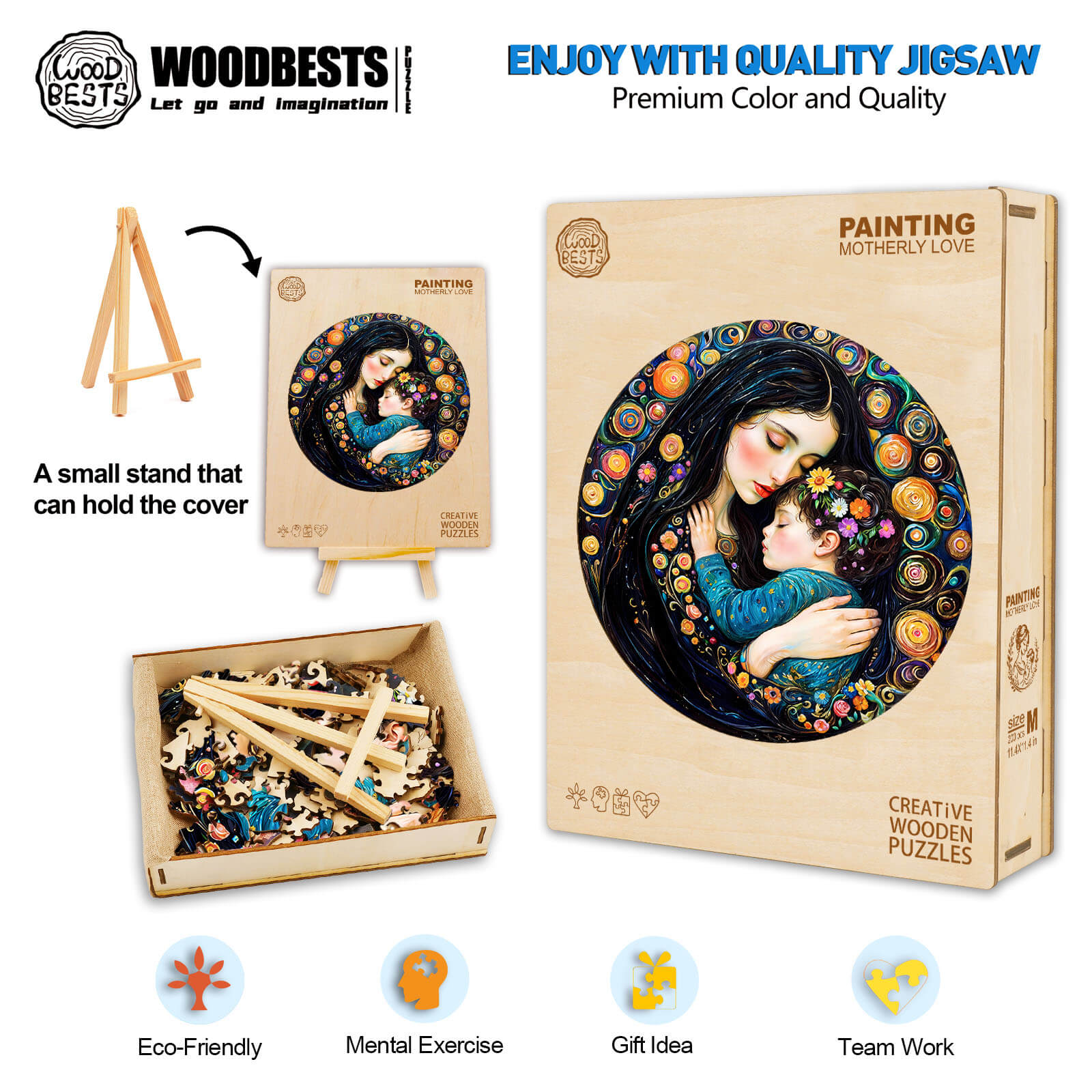 Painting Motherly Love wooden jigsaw puzzle with eco-friendly materials, promotes mental exercise and teamwork.