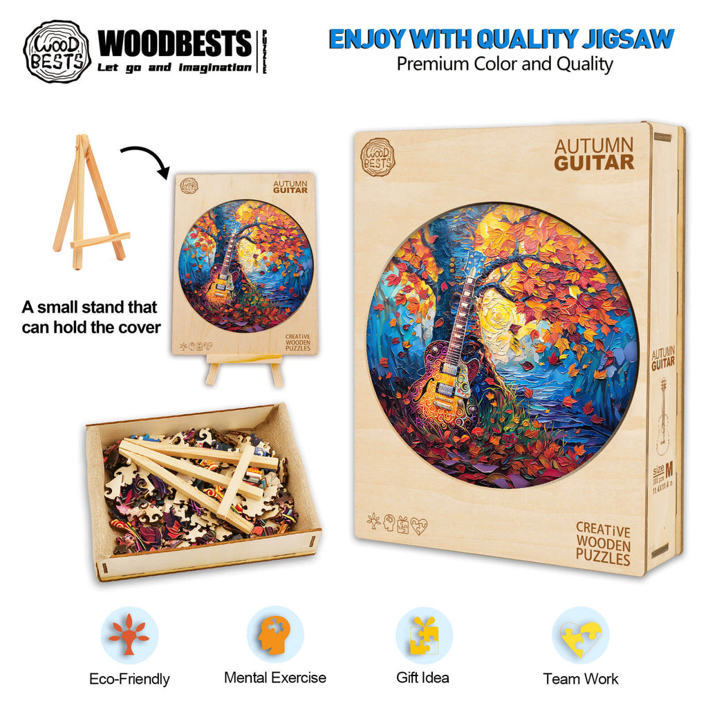 Autumn Guitar wooden jigsaw puzzle featuring vibrant colors, eco-friendly materials, and a focus on mindfulness and teamwork.