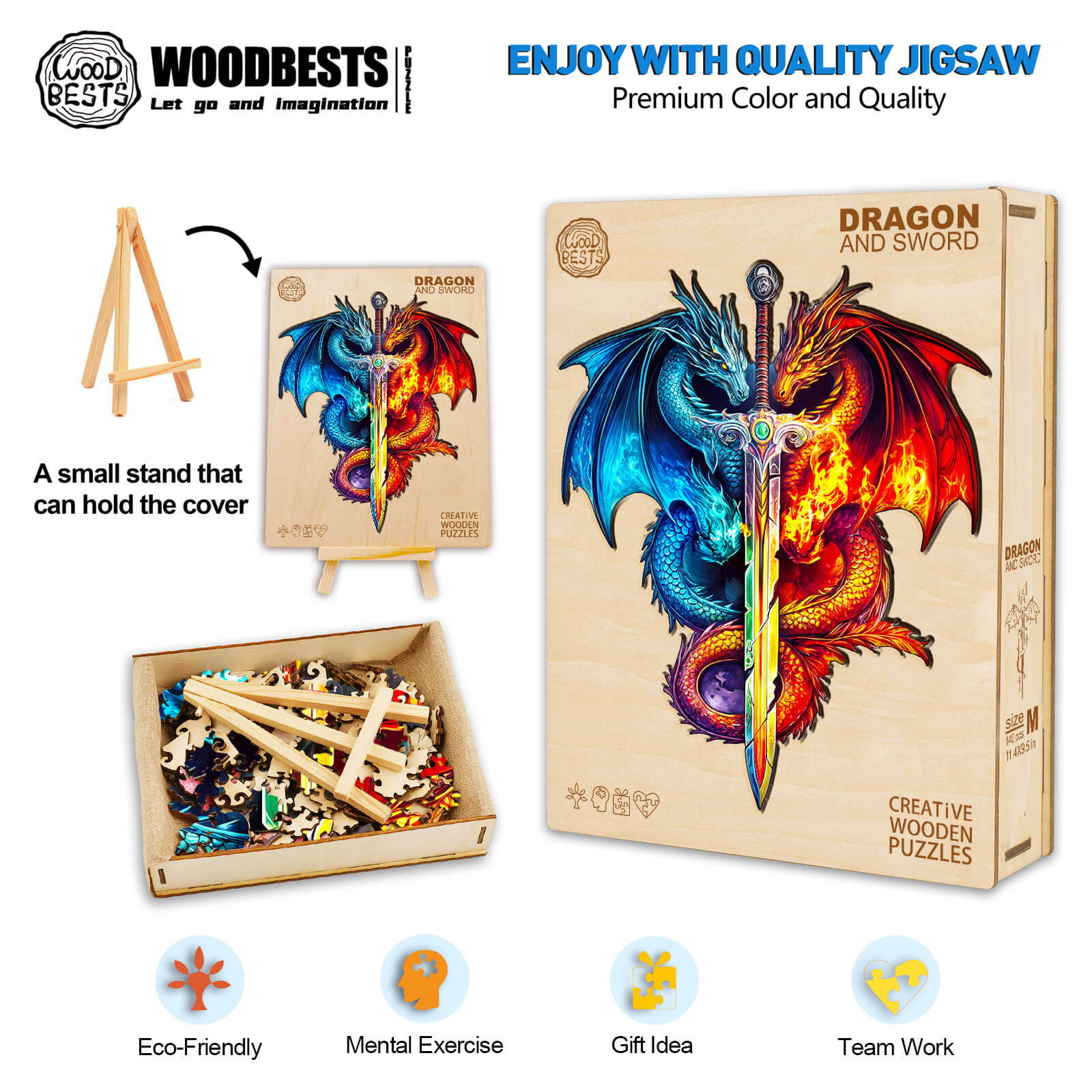 Colorful Dragon and Sword wooden jigsaw puzzle box with pieces, promoting focus and mental exercise.