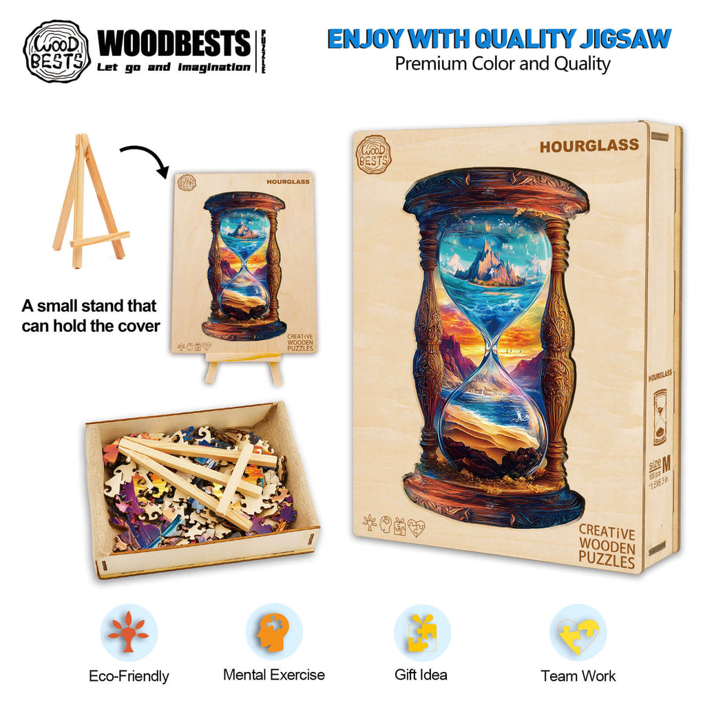 Hourglass wooden jigsaw puzzle with colorful art, eco-friendly materials, and pieces in a box for mental exercise.