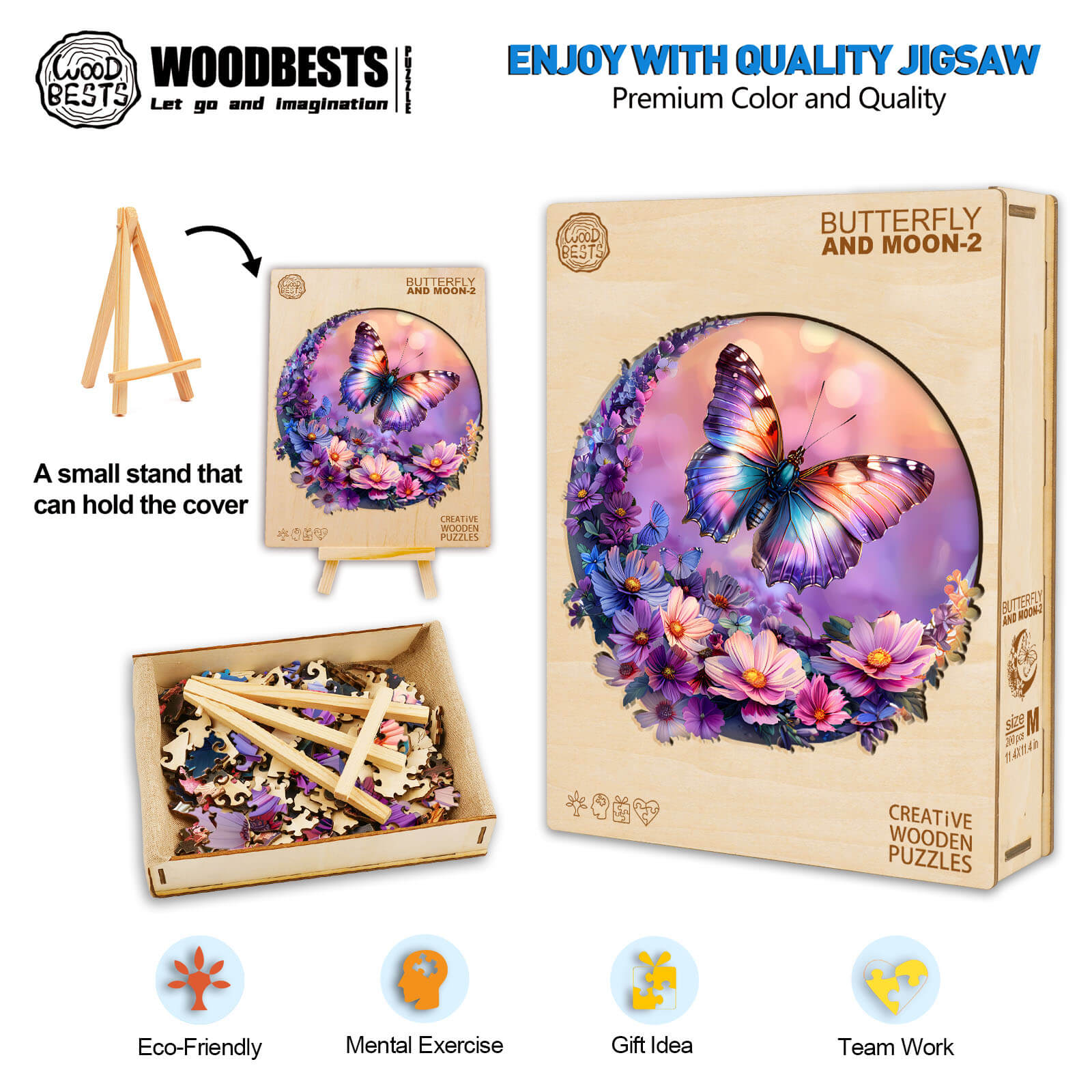 Butterfly and Moon-2 wooden jigsaw puzzle showing vibrant butterflies and flowers, promoting mental exercise and teamwork.