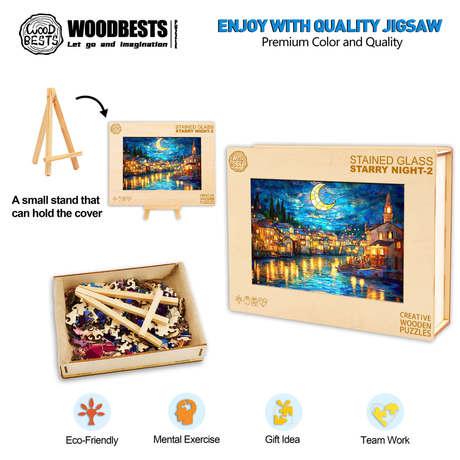 Stained Glass Starry Night-2 wooden jigsaw puzzle with eco-friendly pieces and educational benefits for focused fun.