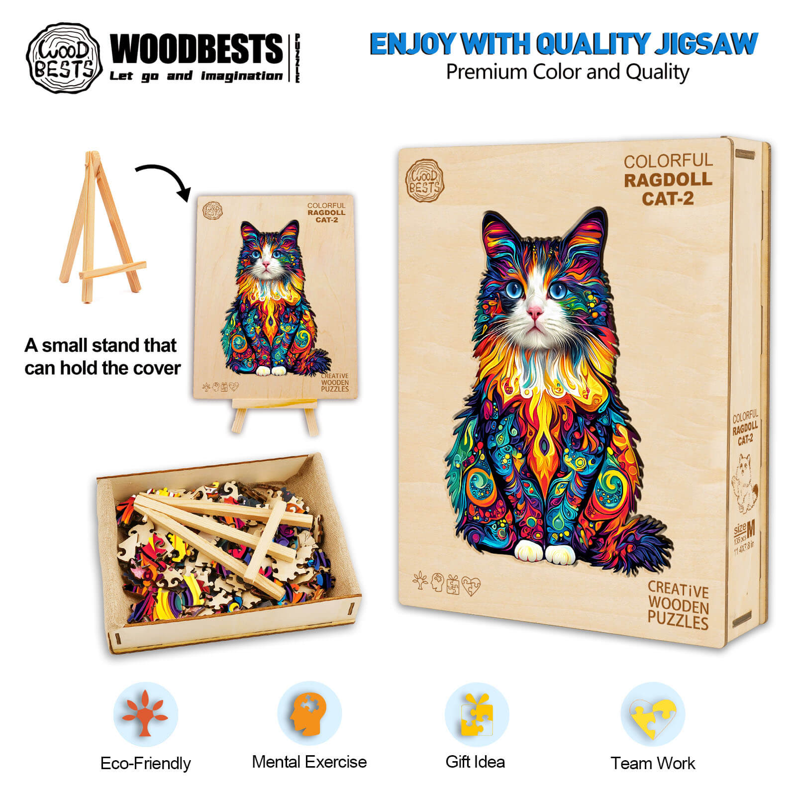 Colorful Ragdoll Cat-2 Wooden Jigsaw Puzzle for mental exercise and teamwork, eco-friendly, fun gift idea.