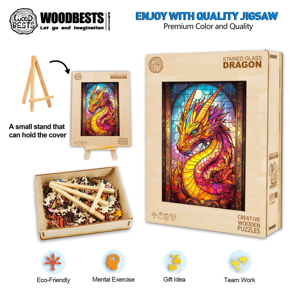Stained Glass Dragon wooden jigsaw puzzle, eco-friendly, mental exercise, colorful design, enhance focus, gift for puzzle lovers.