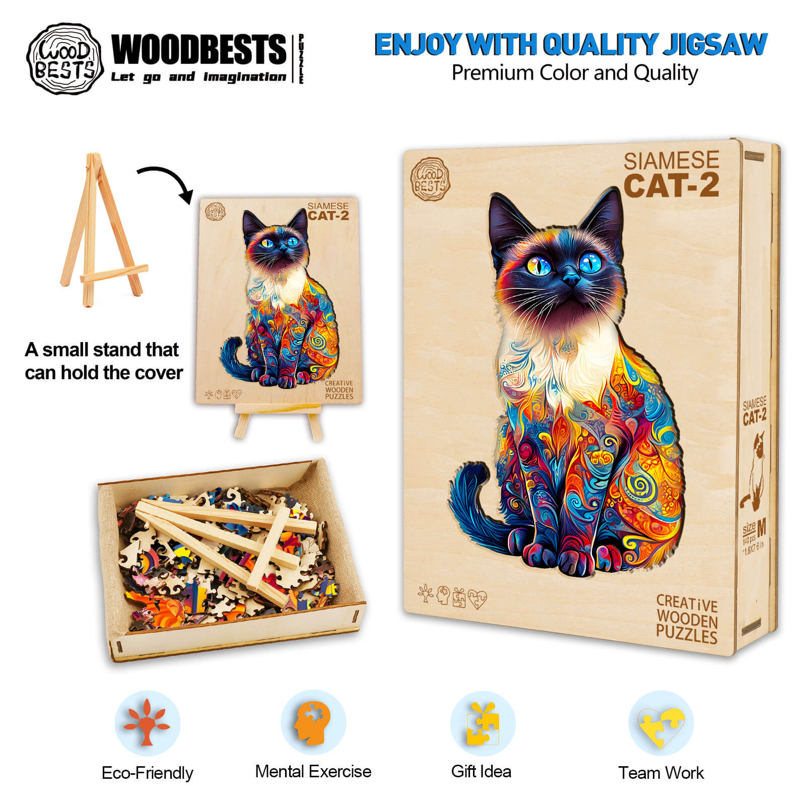 Siamese Cat-2 wooden jigsaw puzzle with colorful design, box, and stand for enhanced focus and creativity.