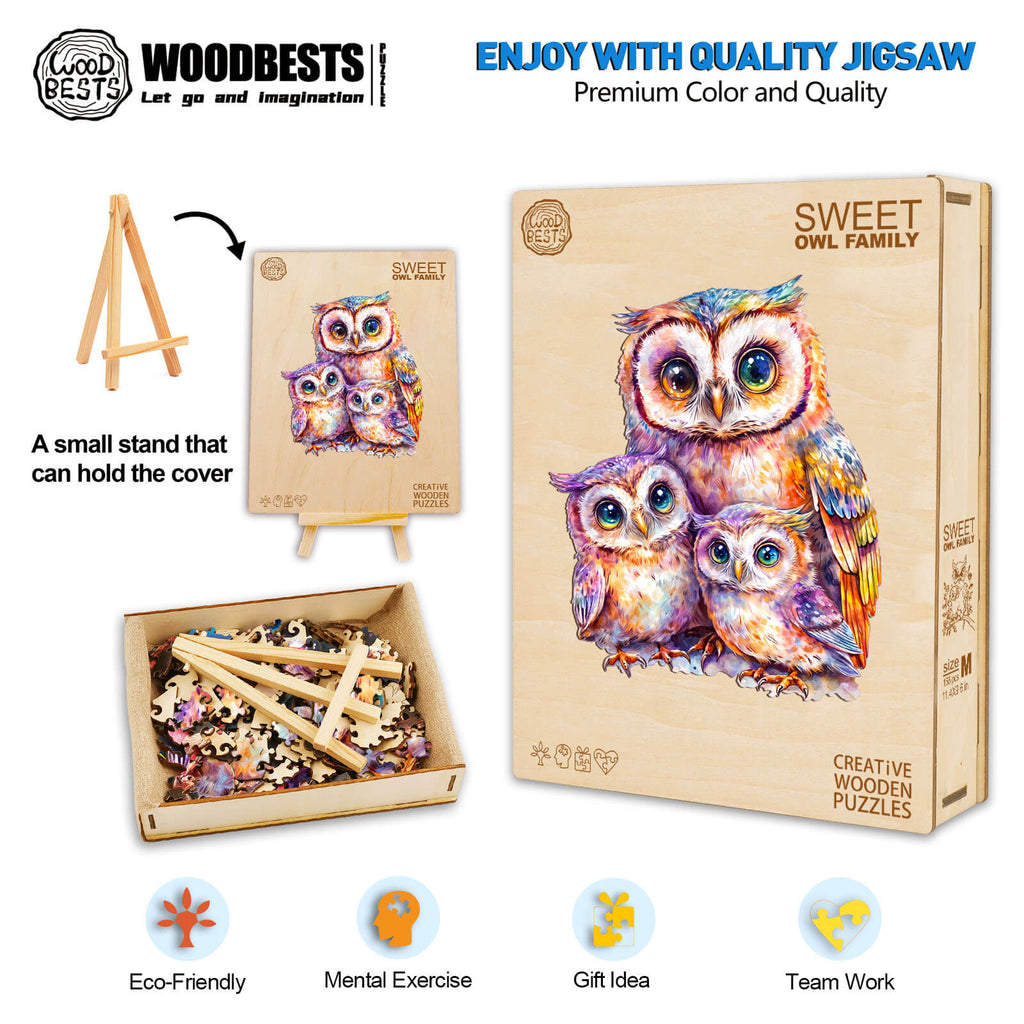 Sweet Owl Family wooden jigsaw puzzle box with stand, promoting mental exercise and teamwork.