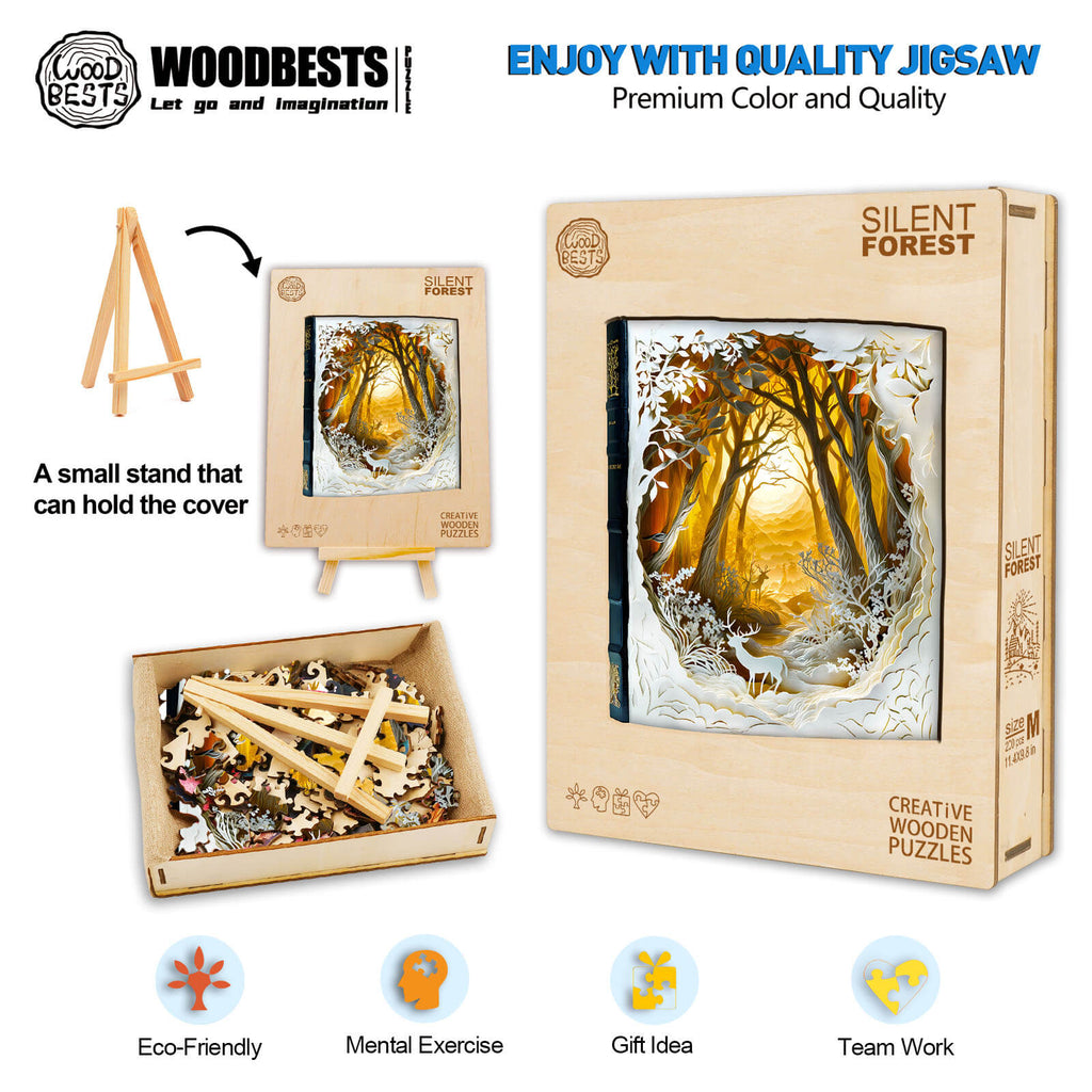 3D Silent Forest wooden jigsaw puzzle box and pieces, eco-friendly gift for mental exercise and team work.