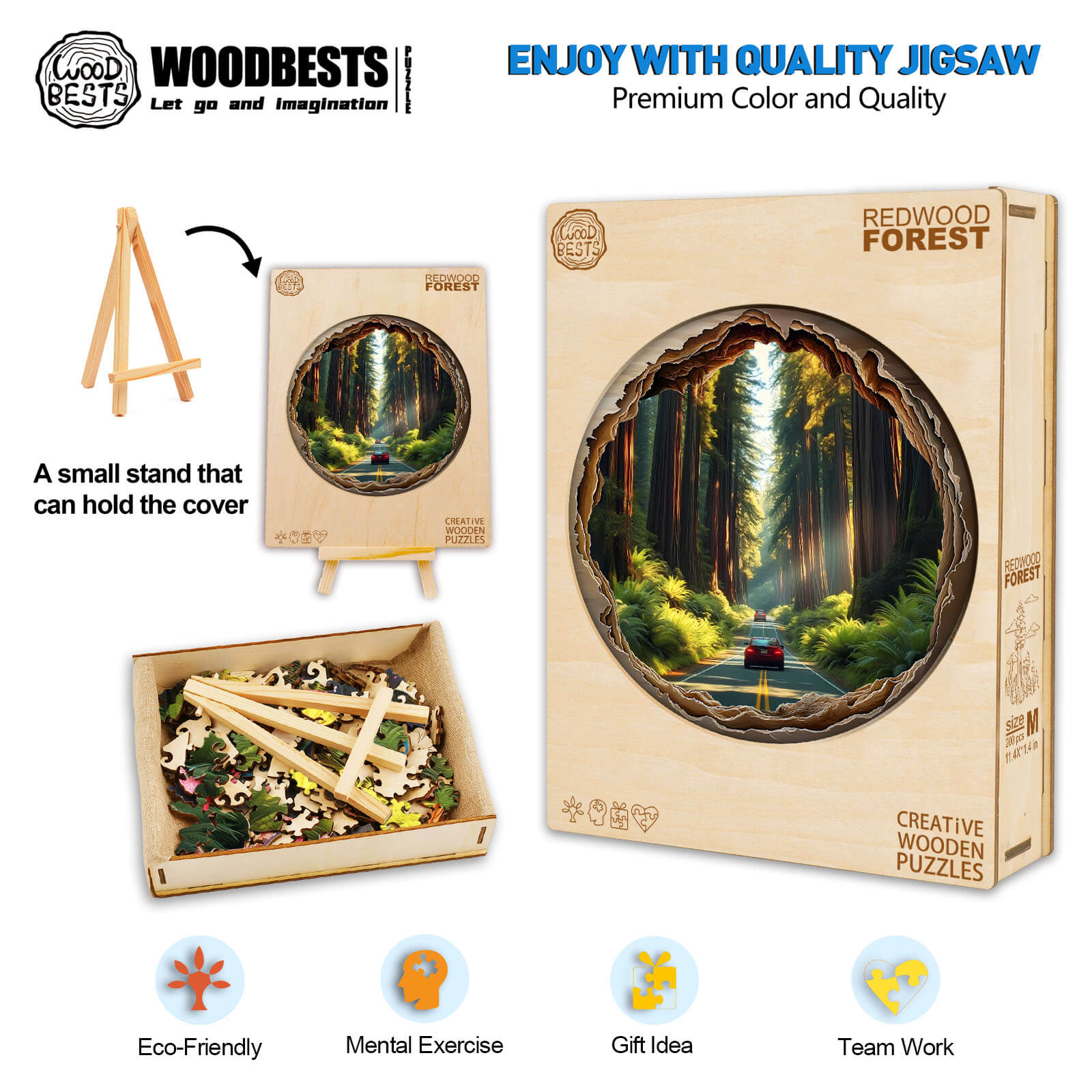3D Redwood Forest Wooden Jigsaw Puzzle with vibrant colors, eco-friendly materials, and stand for display, promoting mental exercise.