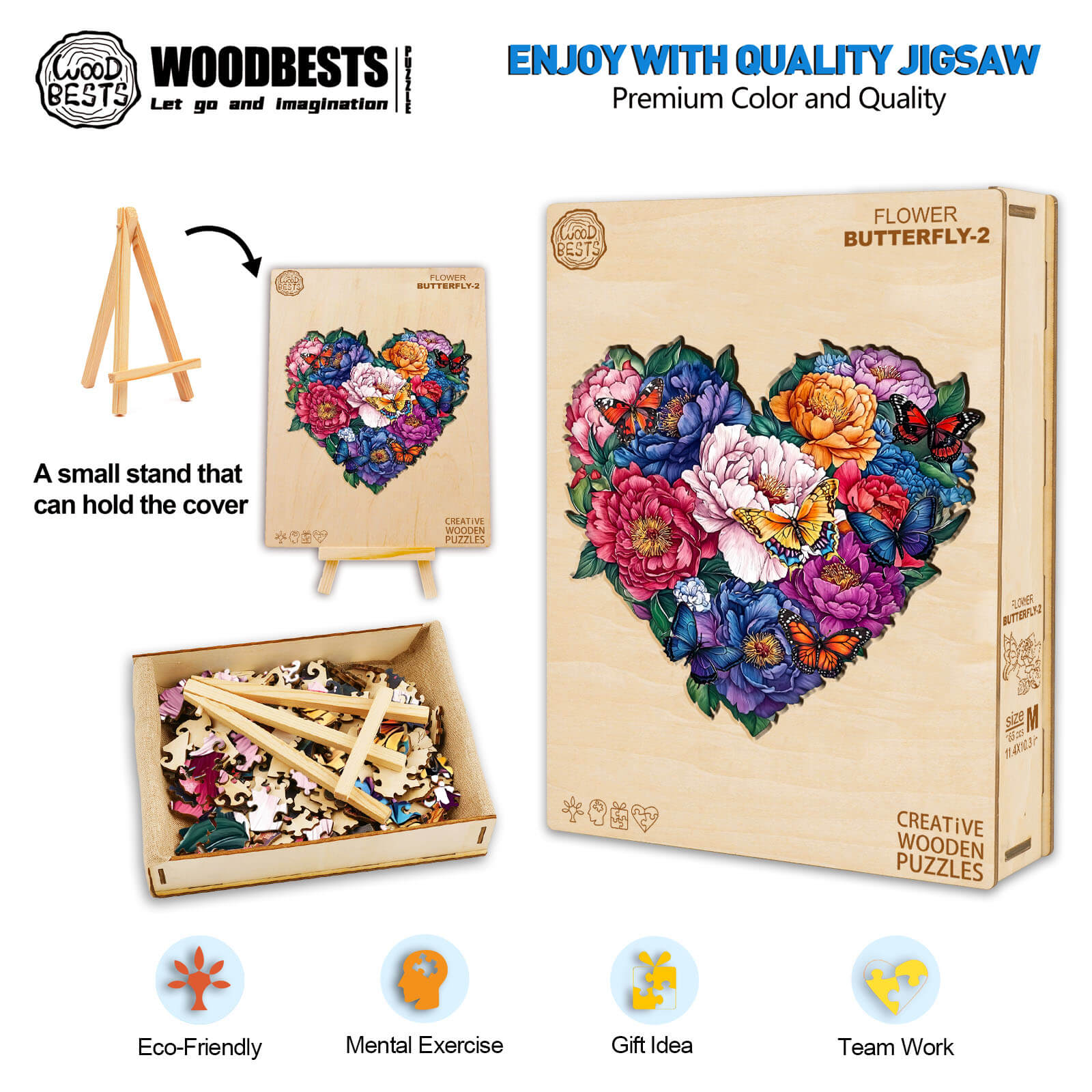Flower Butterfly-2 wooden jigsaw puzzle promotes mental focus and teamwork, eco-friendly design, and vibrant colors.