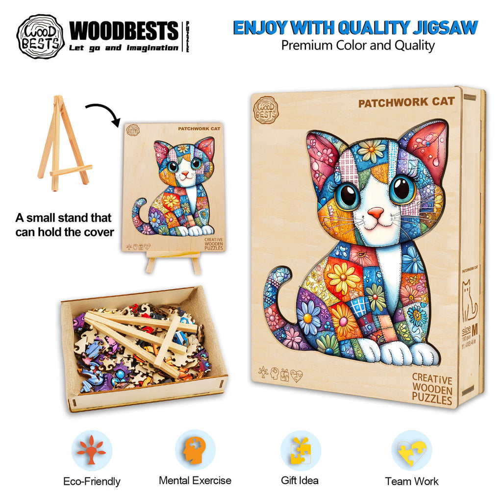 Patchwork Cat wooden jigsaw puzzle with colorful pieces, eco-friendly, ideal for mental exercise and gifting.