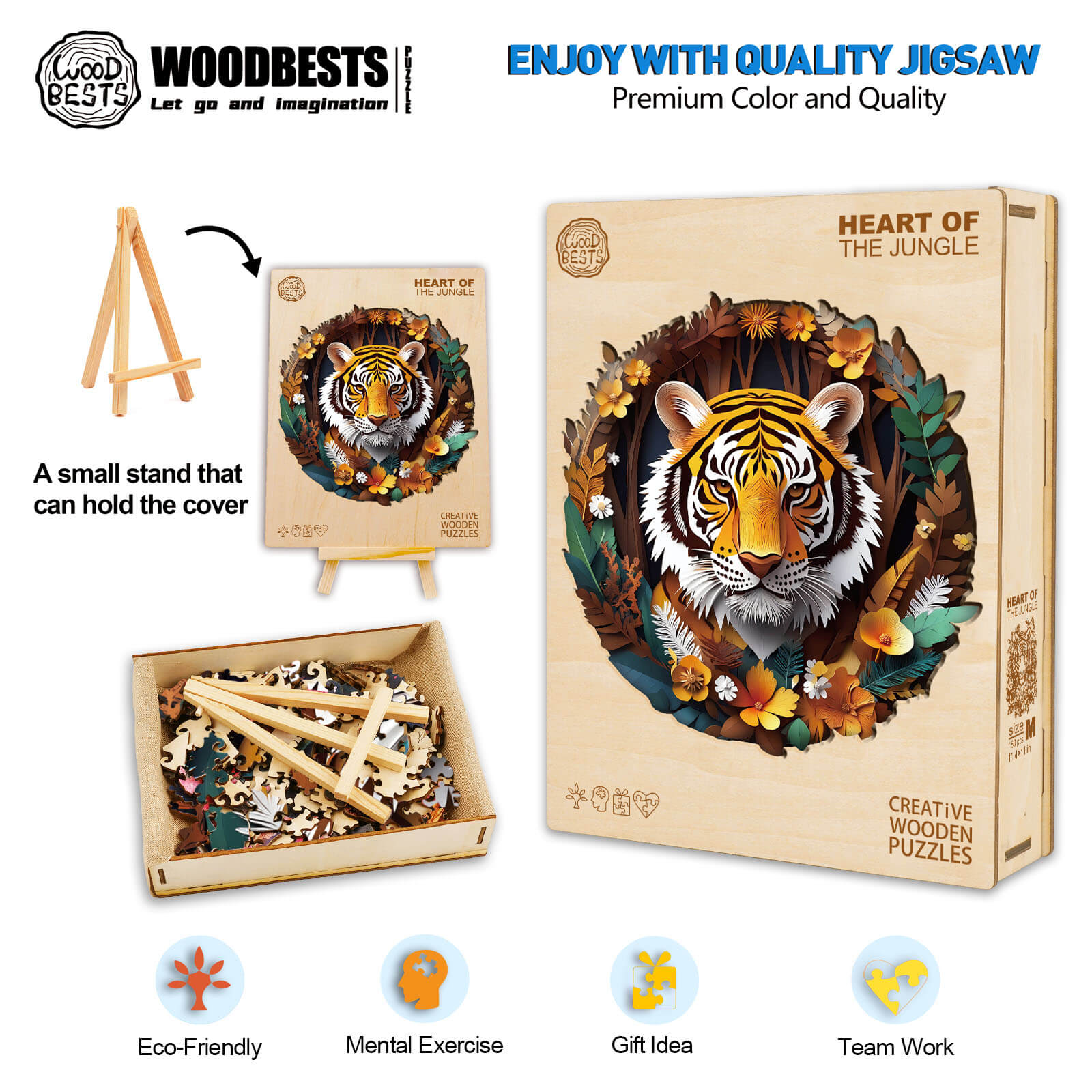 3D Heart of the Jungle wooden jigsaw puzzle showcasing vibrant tiger and jungle theme, ideal for mental exercise and teamwork.